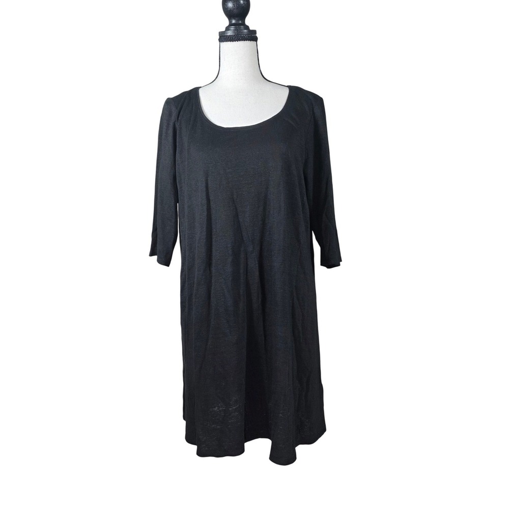 Eileen Fisher Linen Shift Dress Black 3/4 Sleeve Medium Lagenlook Chic Coastal